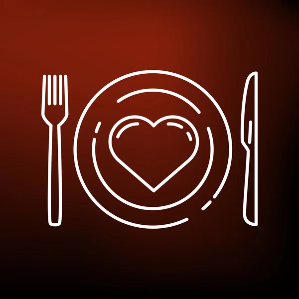 Conceito comer ícone saudável com coração, faca, garfo e prato — Vetor de Stock