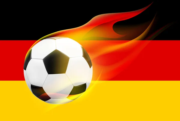 Bola de futebol voadora realista com chamas quentes na bandeira alemã —  Vetores de Stock