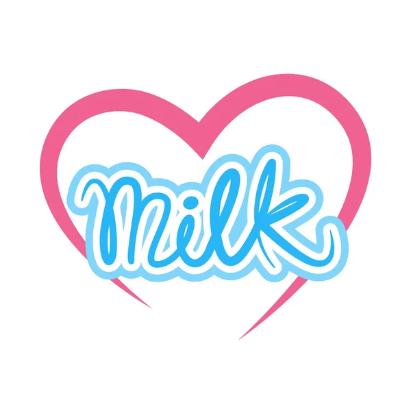 Licht blauw melk tekst en roze hart concept logo — Stockvector