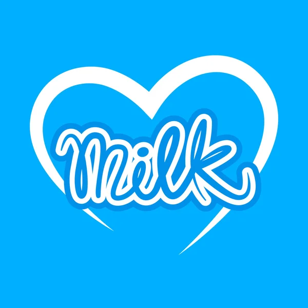 Logotipo de texto y concepto de corazón de leche azul y blanca — Archivo Imágenes Vectoriales