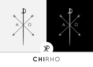 Chi-Rho Symbol design with sword & arrows combined with Alpha & Omega signs clipart