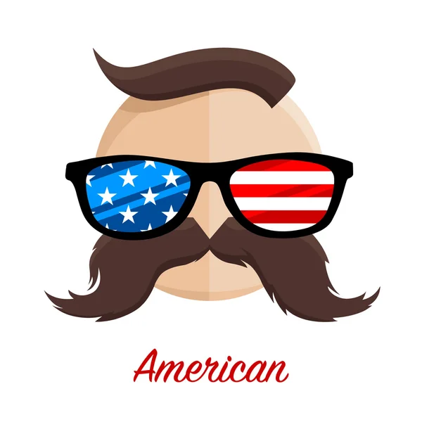 American hipster with flag glasses and moustache — Stock Vector