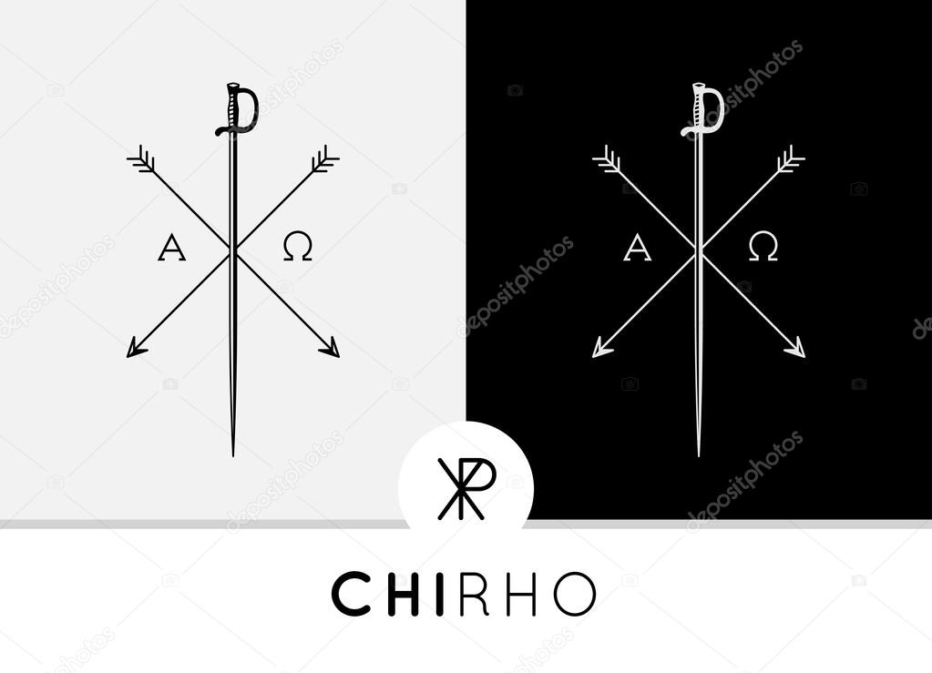 Chi-Rho Symbol design with sword & arrows combined with Alpha & Omega signs
