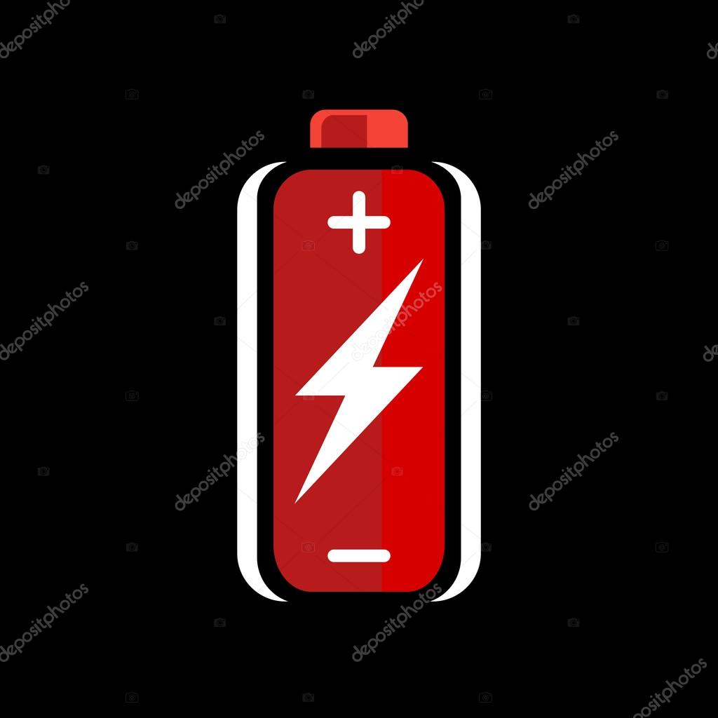 Red AA battery charge icon. battery charge sign. battery charge symbol. Battery on black background. Vector illustration.