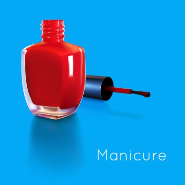 Realistic illustration of red nail polish bottle with wet brush clipart