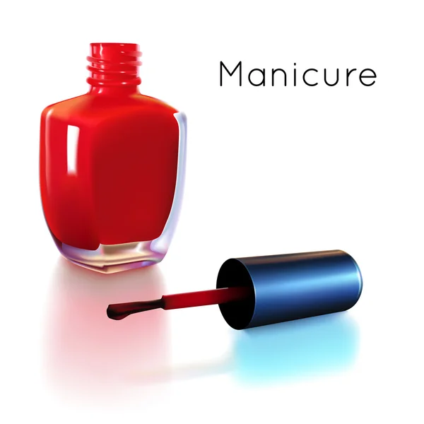 Realistic illustration of red nail polish bottle with wet brush Stock