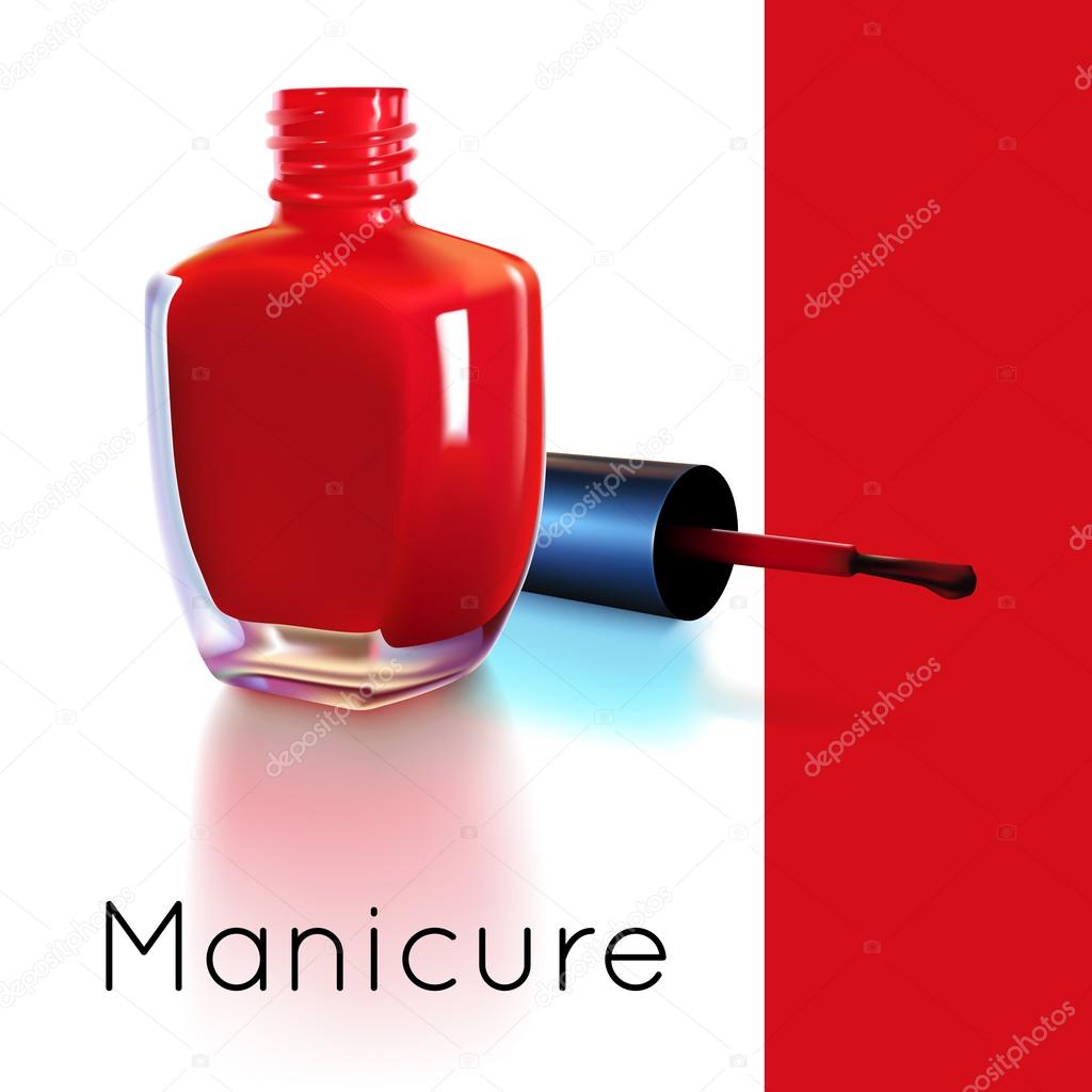 Realistic illustration of red nail polish bottle with wet brush Stock