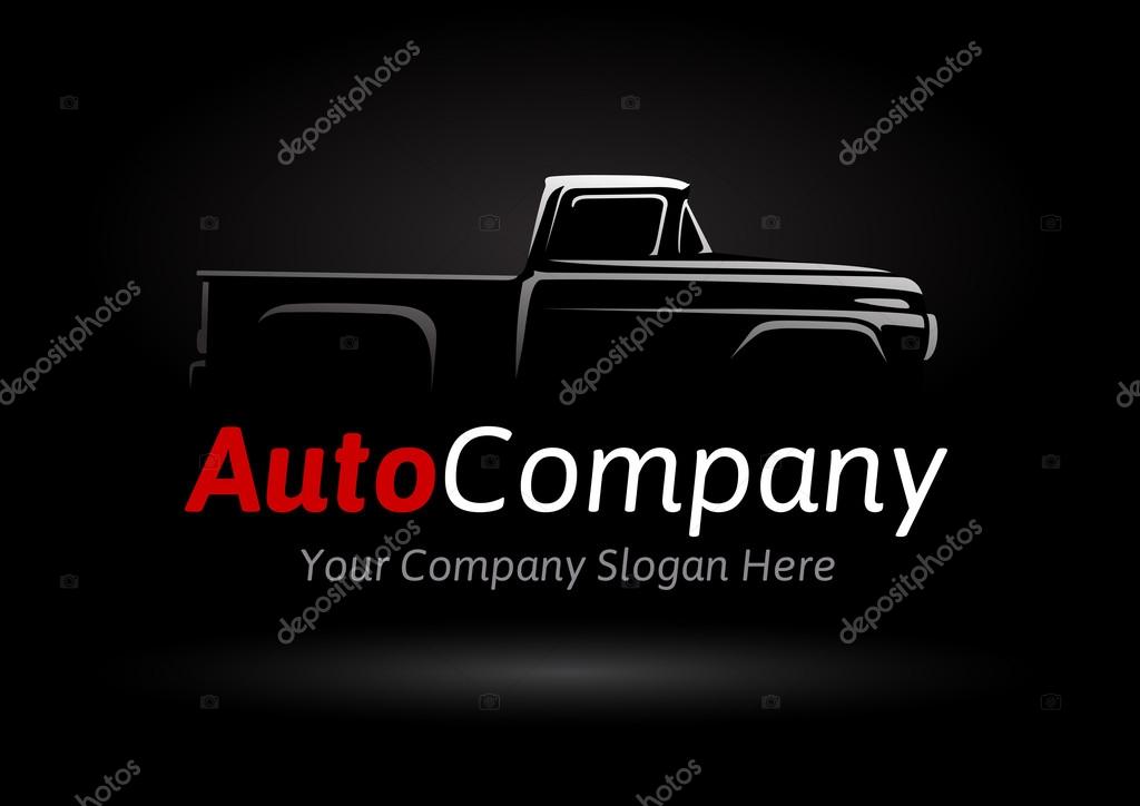 Auto company logo design concept with classic pickup motor vehicle silhouette on black background. Vector illustration