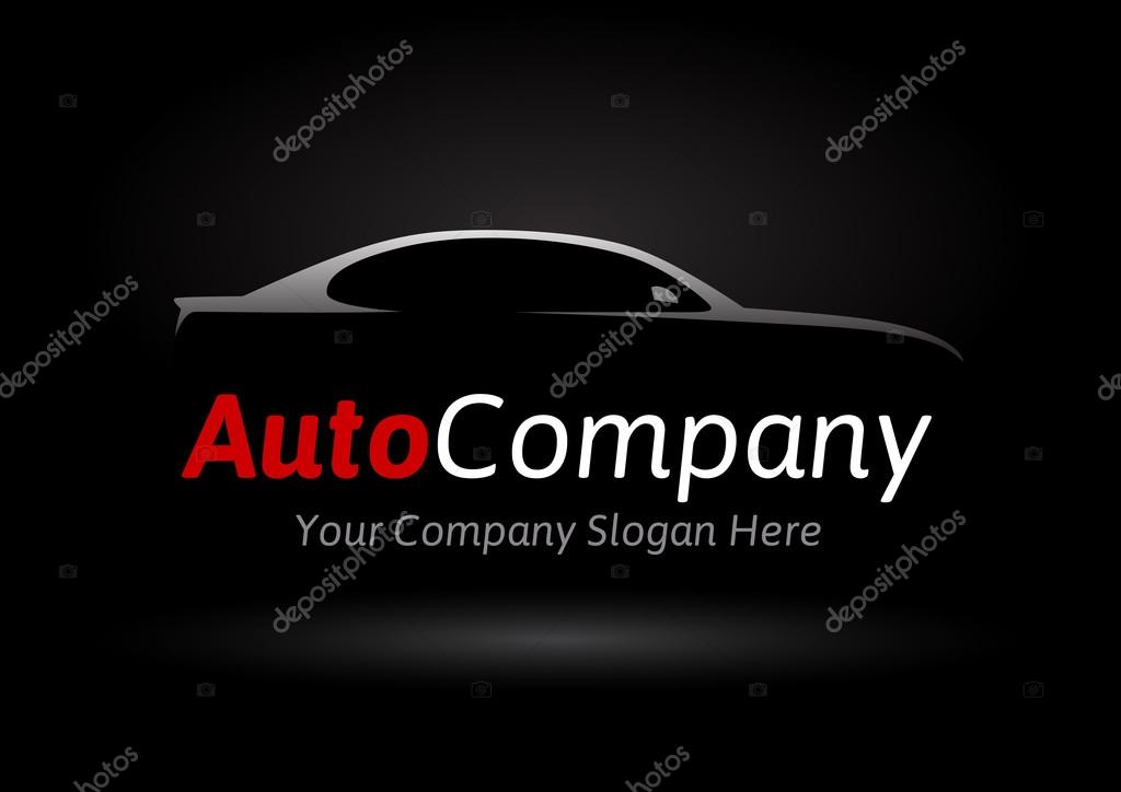 Modern auto company vehicle logo design concept with sports saloon car silhouette on black background. Vector illustration.