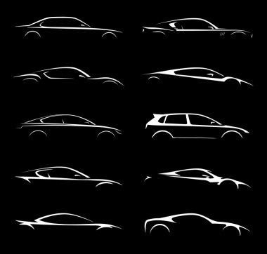 Kavram supercar ve düzenli araba araç siluet koleksiyonu kümesi