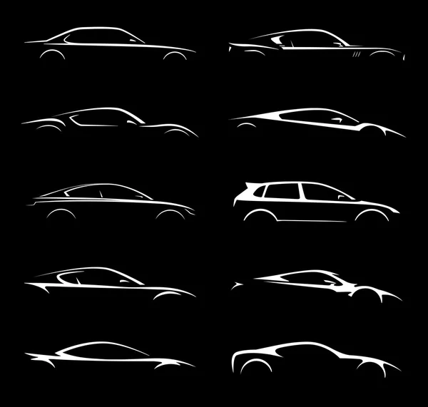 Kavram supercar ve düzenli araba araç siluet koleksiyonu kümesi — Stok Vektör