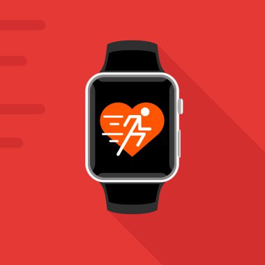 Modern akıllı izle düz tasarımı kavramı fitness app kalp ve çalışan adam simgesi ile