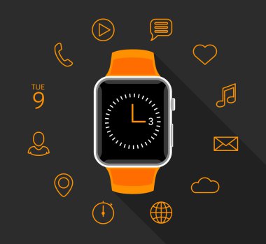 Gri arka plan üzerinde app simgeleri ile modern düz turuncu smartwatch