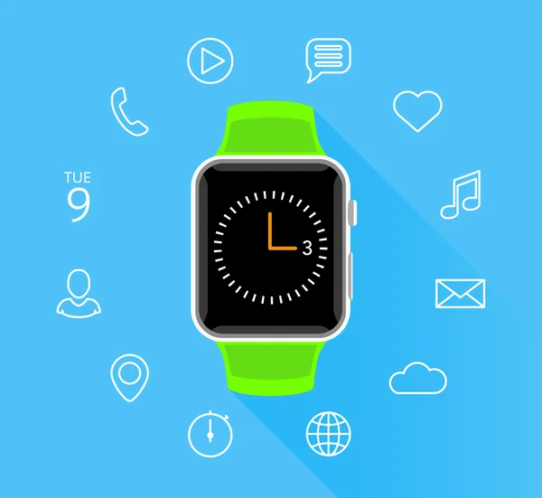 Nowoczesne mieszkanie zielony pokładzie smartwatch z ikony aplikacji na niebieskim tle — Wektor stockowy