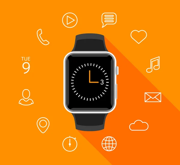 Nowoczesne mieszkanie pokładzie smartwatch z ikony aplikacji na pomarańczowym tle — Wektor stockowy