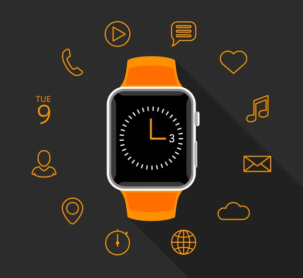 Moderne flache orangefarbene Smartwatch mit App-Symbolen auf grauem Hintergrund — Stockvektor