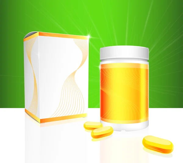 Capsules de gel souple avec bouteille en or et emballage boîte — Image vectorielle