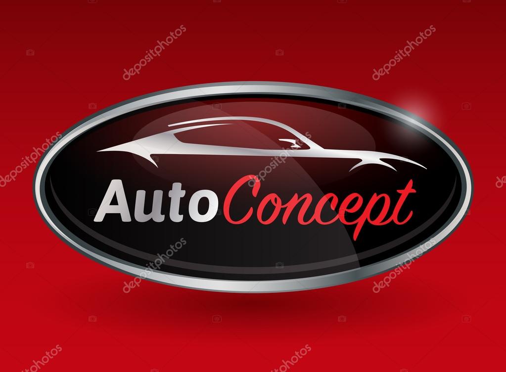 Concept automotive design with chrome badge of sports vehicle silhouette on red background. Vector illustration.