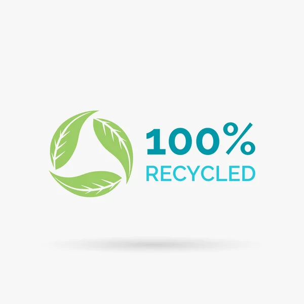 100% recycled icon design with circular green leaves symbol — Stock Vector