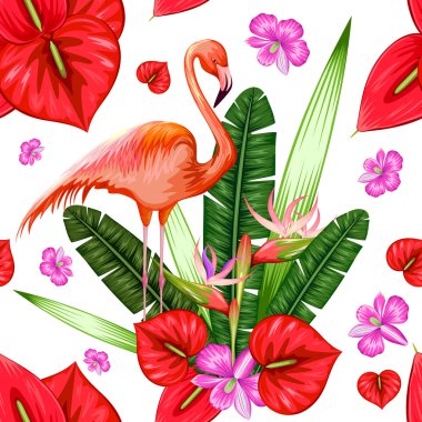 Egzotik tropik çiçek ve Flamingo ile Seamless modeli