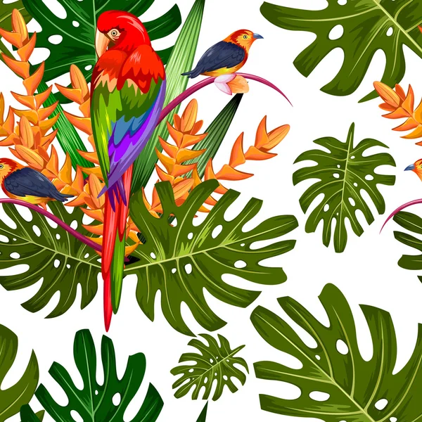 이국적인 열 대 꽃과 다채로운 조류와 완벽 한 패턴 — 스톡 벡터