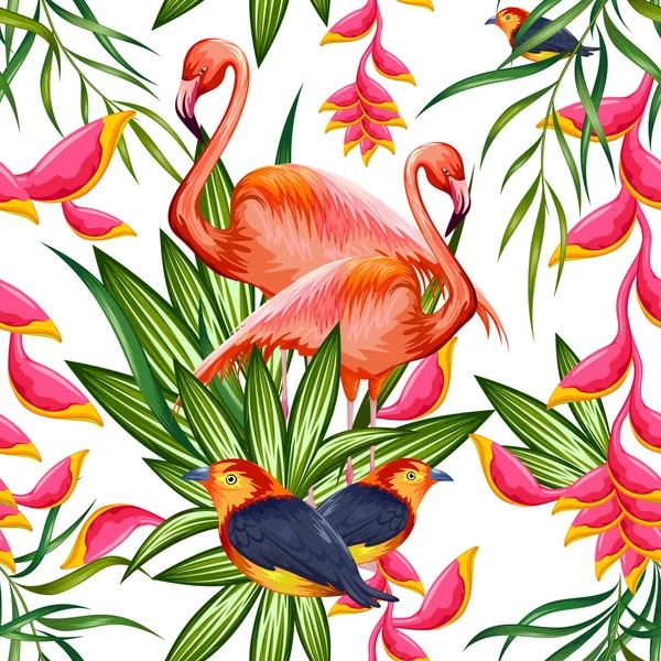 Seamless Pattern with Exotic Tropical Flower and colorful bird — Stock Vector