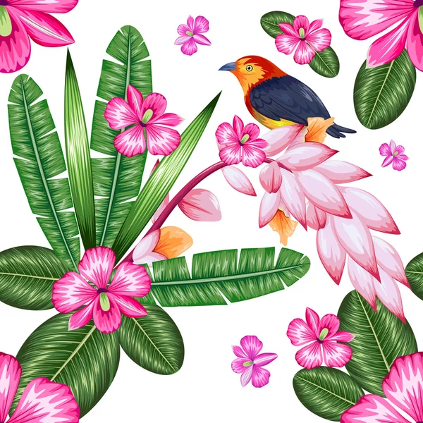 Nahtloses Muster mit exotischer tropischer Blume und buntem Vogel — Stockvektor