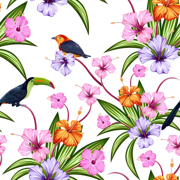 Modello senza soluzione di continuità con esotico fiore tropicale e uccello colorato — Vettoriale Stock