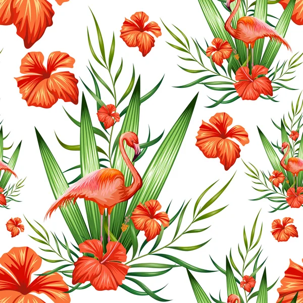 이국적인 열 대 꽃 및 플라밍고 원활한 패턴 — 스톡 벡터