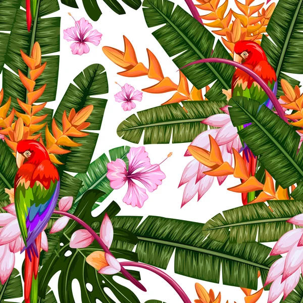 Seamless Pattern with Exotic Tropical Flower and Macau — стоковий вектор