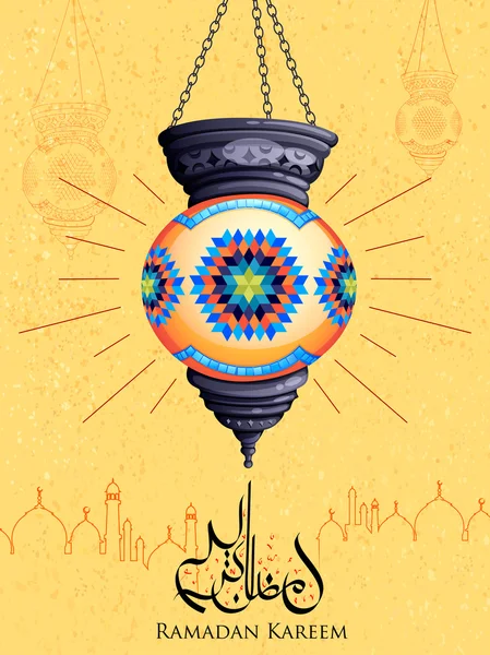 Ραμαζάνι Kareem χαιρετισμό με φωτιζόμενο λάμπα — Διανυσματικό Αρχείο