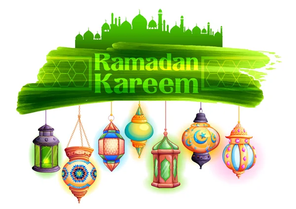 Ramadan Kareem saudação com lâmpada iluminada —  Vetores de Stock