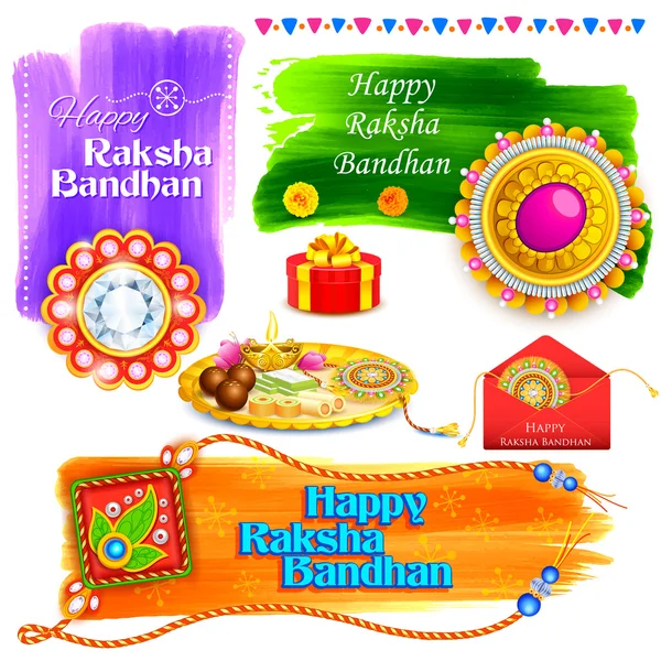 Raksha Bandhan fond avec rakhi et cadeau — Image vectorielle