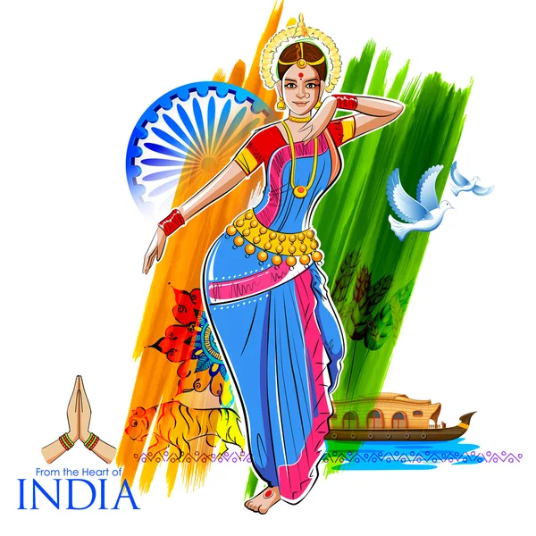 Bailarina bailando sobre fondo indio mostrando la cultura colorida de la India — Vector de stock