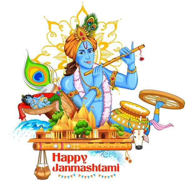 Señor Krishana en Feliz Janmashtami — Vector de stock