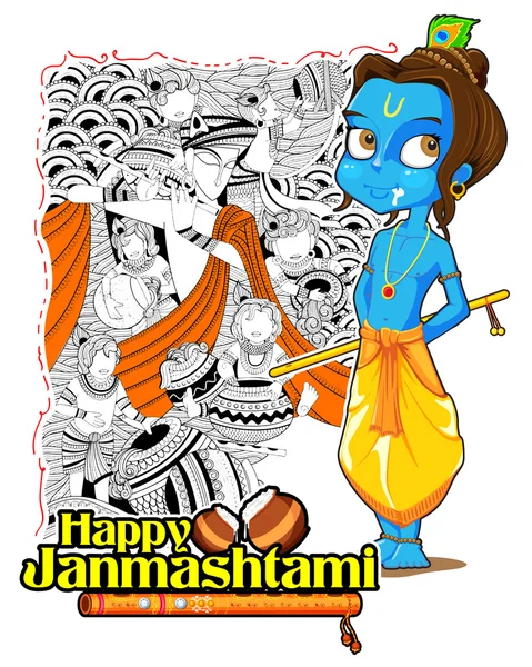 Senhor Krishana em Happy Janmashtami — Vetor de Stock
