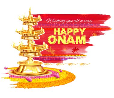 Mutlu Onam arka plan rangoli ve lamba ile