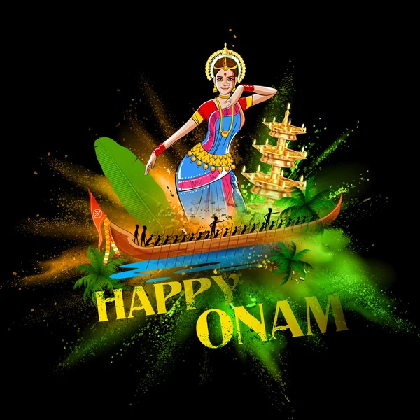 Onam bharatanatyam 댄서와 Kerla 보트 레이스 — 스톡 벡터