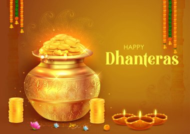 illustration of Gold coin in pot for Dhantera celebration on Happy Diwali light festival of India background clipart