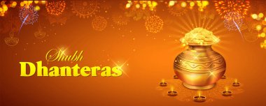 Hindistan arkaplanındaki Mutlu Diwali Işık Festivali 'nde Dhantera kutlaması için saksıdaki altın madeni paranın çizimi