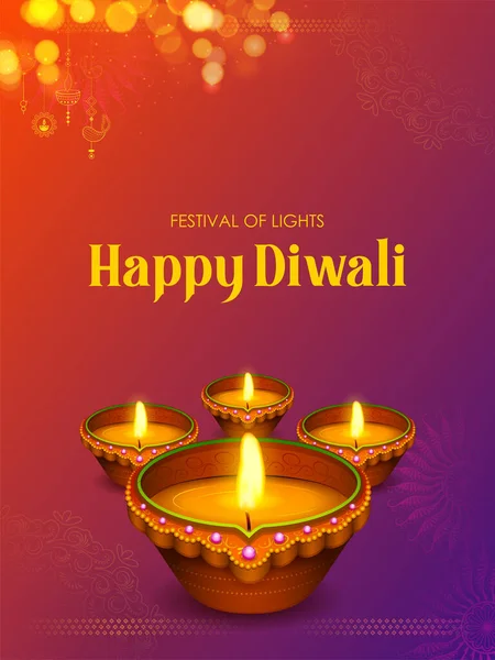 Illustration Dekorativ Brinnande Olja Diya Happy Diwali Holiday Bakgrund För — Stock vektor