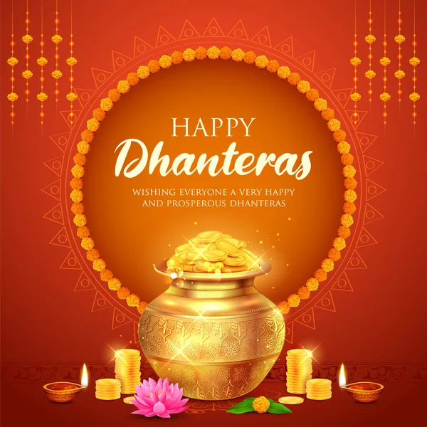 Illustrazione Della Moneta Oro Vaso Celebrazione Dei Dhantera Happy Diwali — Vettoriale Stock