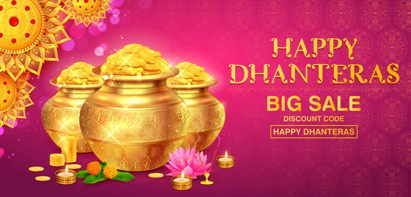 Illusztráció Arany Érme Pot Dhantera Ünneplés Boldog Diwali Fény Fesztivál — Stock Vector