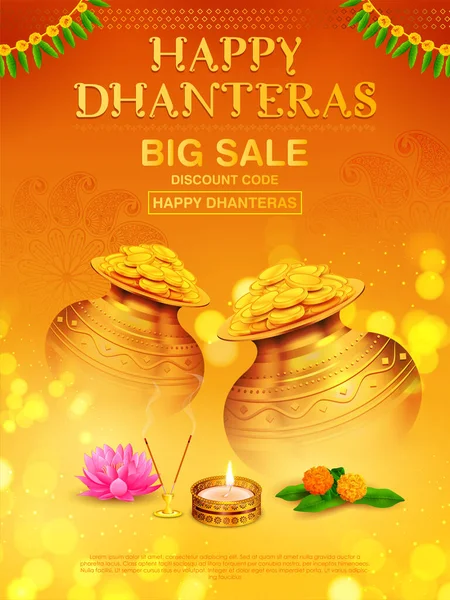 Illustration Guld Mynt Pott För Dhantera Firande Happy Diwali Ljusfestival — Stock vektor
