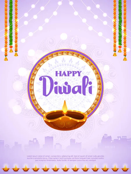 Objet de vacances décoratif sur fond Happy Diwali pour la fête de la lumière de l'Inde — Image vectorielle