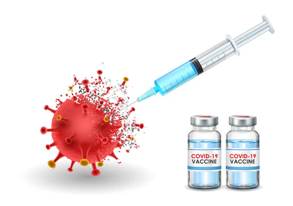 Covid 19ワクチンボトルのイラストは 医学的背景で致命的な小説コロナウイルス流行の発生を防ぐために — ストックベクタ