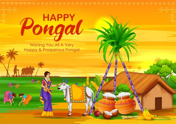 Happy Pongal Holiday Harvest Festival Ofタミル ナードゥ州南インド挨拶背景 — ストックベクタ