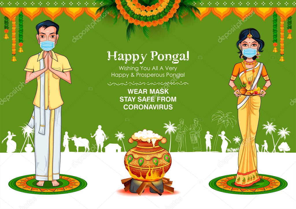 illustration of Tamilian couple wearing mask for protection against Covid 19 corona virus on Happy Pongal Holiday Harvest Festival of Tamil Nadu South India greeting background