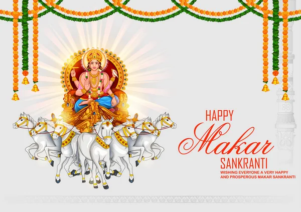 Makar Sankranti papel de parede com Sun God para o festival da Índia —  Vetores de Stock
