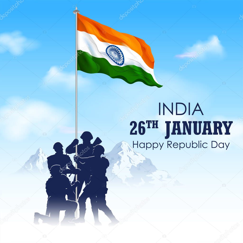 illustration of Indian Army soilder holding flag of India with pride for 26th January Happy Republic Day of India